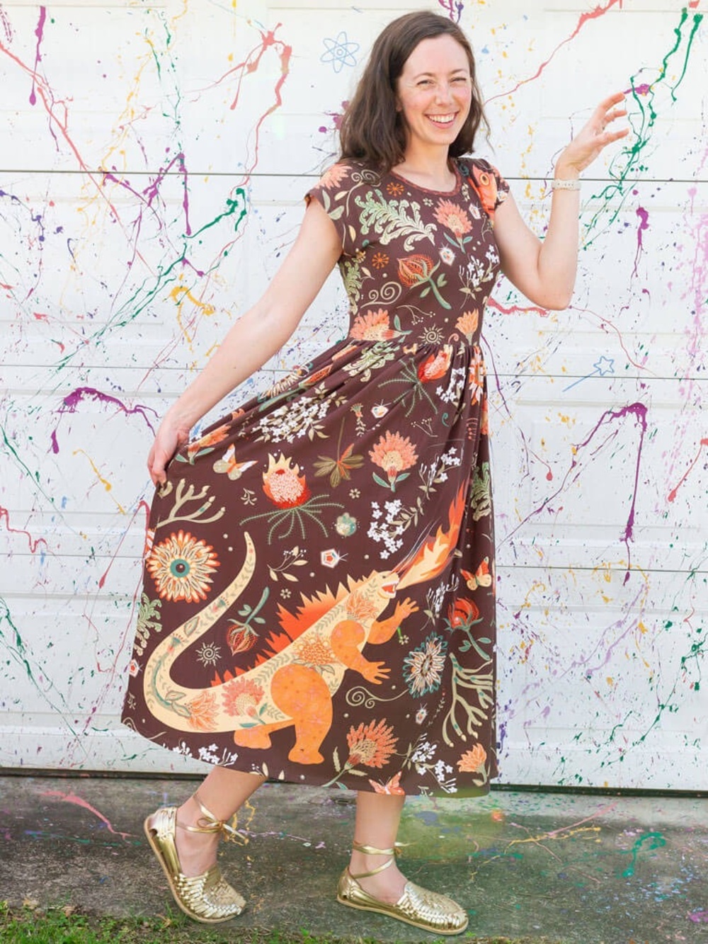 Brown Floral Maxi Dress with Orange & Green Botanical Print